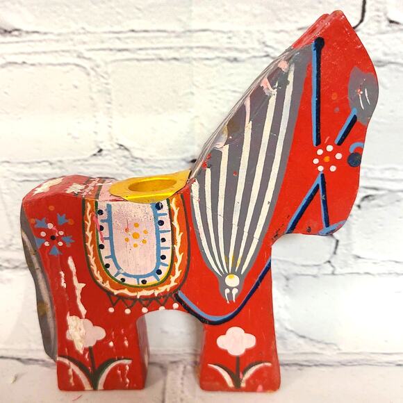 Handcrafted Set/3 Vintage Wooden Dala Horse Candleholders-Chinese Folk Art Décor - Picture 7 of 10